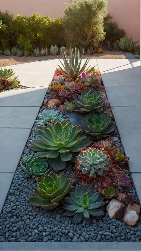 Rustic River Rock and Succulent Pairings for Naturalistic Gardens - Cheerful Talks Low Maintenance Front Yard Landscaping Ideas, Front Yard No Grass Landscaping, Grassless Backyard, Succulent Rock Garden, Succulent Garden Landscape, Succulent Frame, Naturalistic Garden, Succulent Landscape Design, Succulent Garden Design