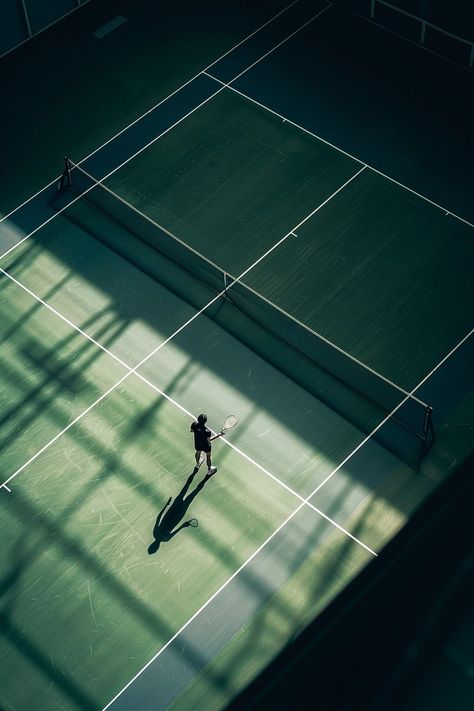 Visualize a captivating scene on an indoor tennis court. The perspective is from above, as if suspended in the air, capturing every movement with photographic precision. At the center of the court, a player stands out, fully immersed in action, their body poised in a dynamic stance. The details of both the player and the court are incredibly sharp, with each synthetic grass blade and every white line perfectly defined. The subdued lighting of the indoor arena accentuates the contrast between the Tennis, Bonito, Indoor Tennis Court, Indoor Tennis, Indoor Arena, White Line, The Court, Tennis Court, Club House