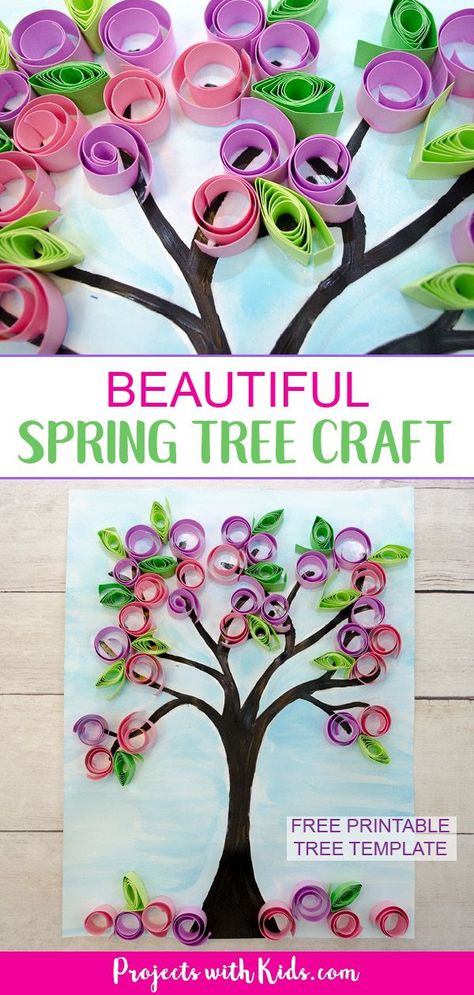 Make this gorgeous blossom spring tree craft with kids! Use easy paper quilling techniques and a free printable tree template. Spring Tree Craft, Free Printable Tree, Easy Paper Quilling, Printable Tree, Spring Arts And Crafts, Tree Template, Diy Star, Spring Art Projects, Diy Ostern