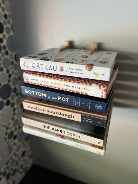 Cookbook Storage Ideas Small Kitchen, Ikea Book Holder, Recipe Book Kitchen Storage, Floating Cookbook Shelf, Dish Rack Book Shelf, Cook Book Storage Ideas Kitchens, Recipe Book Shelf In Kitchen, Kitchen Book Shelves, Cookbook Wall Shelf