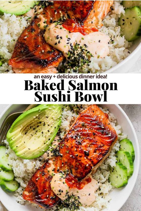 Salmon Bowl Lunch, White Rice Salmon Bowl, Sushi Bowl With Salmon, Protein Sushi Bowls, Sushi Bake Bowl, Salmon Sushi Bowls Healthy, Paleo Salmon Dinner, Paleo Salmon Bowl, Cooked Salmon Sushi Bowl