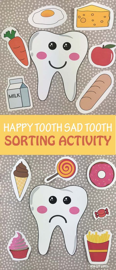 Happy tooth sad tooth dental health sorting activity / game for preschoolers, kindergartners and older kids. Use the template to play this game and talk about taking care of our teeth, how to properly brush our teeth, how to floss and avoid cavities. #happytoothsadtooth #happytoothsadtoothgame #happytoothsadtoothactivity #toothcraft #toothcraftforkids #dentalhealth Tooth Projects For Preschool, Teeth Ideas For Preschool, Preschool Dental Hygiene Activities, At The Dentist Preschool, Teeth Activity For Preschoolers, Healthy Teeth Activities For Preschool, Dental Prek Activities, Teeth For Preschool, Preschool Dental Crafts