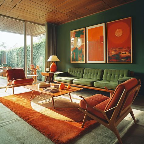 Master the Art of 70s Living Room Decor (38 aesthetic designs) Renter Friendly Design, Dark Orange Couch, Queer Interior Design, 70s Inspired Living Room, 70s Living Room Decor, 70s Living Room, 70s Interior Design, Mid Century Interior Design, Design Therapy