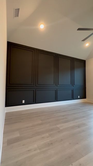 Accent Room Wall, Accent Walls Front Entry, Dark Wood Feature Wall, Modern Dining Room Feature Wall, Basement Dark Accent Wall, Accent Wall With Window Dining Room, Bedroom Accent Wall Gray, Accent Wall For Basement, Wall Trim In Bedroom