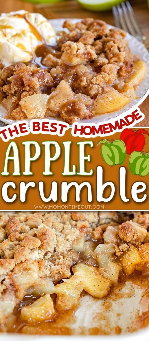 This easy homemade Apple Crumble recipe is our favorite dessert for apple season! With it's sweet, caramelized apple filling and crumbly topping, this simple comforting dessert is most definitely a crowd pleaser! Serve warm and bubbling from the oven with a scoop of vanilla ice cream for a memorable, easy dessert! // Mom On Timeout Victorio Strainer Recipes, Apple Crisp 8x8 Pan Easy, Hot Apples Recipe, Apple Crisp 9x13 Pan Dessert Recipes, Cast Iron Apple Crumble, Thanksgiving Food Recipes Sides, Gooey Apple Crisp, Fiji Apple Recipes, Home Made Apple Crisp