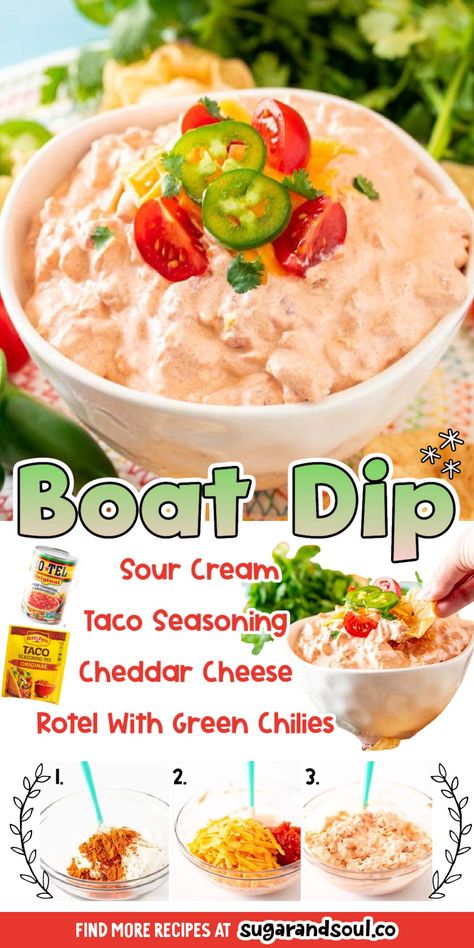 Boat Dip is Tiktok's favorite dip recipe that's filled with mouthwatering Mexican flavor and is made with only 4 ingredients in 5 minutes! This chilled dip makes the best summertime snack! via @sugarandsoulco Boat Dip, Summertime Snacks, Delicious Dips Recipes, Lake Food Ideas Summer, Food Ideas Summer, Favorite Dips, Lake Food Ideas, Dip Recipes Easy, Taco Mix Seasoning