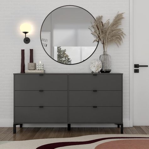 Grey Modern Dresser, Minimalist Industrial Bedroom, Grey Painted Dresser, Dresser Modern Design, Dresser Aesthetic, Dresser Decor Bedroom, Grey Dresser, Store Clothes, Mid Century Dresser