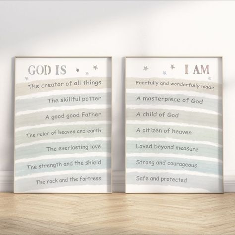 Introduce your little babies to the beautiful truth of their identity in Christ with this "Who God is & Who I am" Christian Kids Positive Affirmation Printable Wall Art. This Boho Rainbow style set of 2 posters is perfect for adorning your baby's nursery, Church Sunday school, Homeschool room, or Christian school classroom. Designed in light boho rainbow colors, each rainbow strip symbolizes God's promises & love. It serves as a daily reminder for children of their identity. Christian Theme Nursery, God Says You Are Wall Art, Bible Nursery Theme, Diy Scripture Wall Art, Biblical Nursery, Christian School Classroom, Christian Classroom Decor, Christian Room Decor, Church Nursery Decor