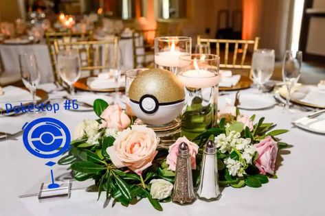 Laura and Dan's Pokemon Wedding at Wyndham Grand Orlando Resort Bonnet Creek - Just Marry! Pokemon Centerpieces Wedding, Wedding Ideas Nerdy, One Piece Anime Themed Wedding, Gamer Wedding Centerpieces, Dragon Ball Z Wedding Theme, Pokemon Theme Wedding, Pokemon Wedding Centerpieces, Anime Inspired Wedding, Nerdy Wedding Centerpieces