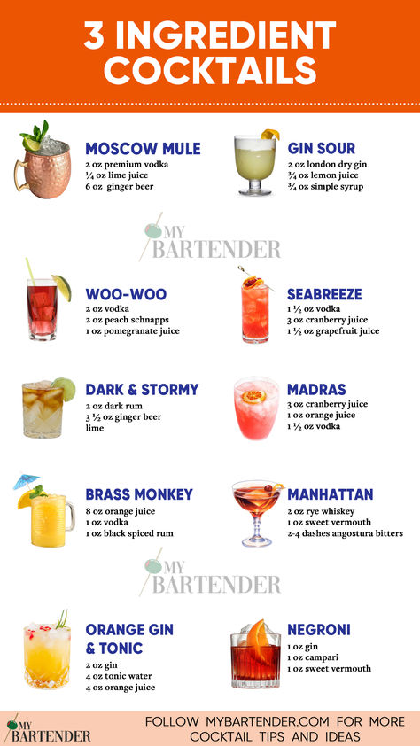 3 Ingredient Cocktails Easy Mixed Drinks Alcohol Recipes, 2 Ingredient Alcoholic Drinks Simple, Cocktail Easy Recipe, Simple Party Cocktails, Simple Wedding Drinks Alcohol, Bar Mixed Drinks, Drinks Ideas Party, Easy Cheap Cocktails, Easy Diy Cocktails