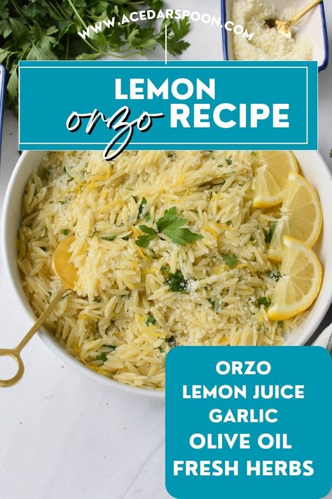 This Lemon Orzo Recipe is an easy side dish that is light, zesty and pairs nicely with grilled meats, seafood or can pair with roasted vegetables. Orzo pasta is mixed with extra virgin olive oil, lemon juice, lemon zest, garlic and fresh basil and fresh parsley to create a simple but flavorful side! Side Dishes With Orzo, Recipes With Parsley Dinners, Basil Orzo Recipes, Tilapia And Orzo Recipes, Orzo Recipes Asian, Quick Orzo Side Dish, Asian Orzo Recipes, Orzo Easy Recipe, Lemon Herb Orzo