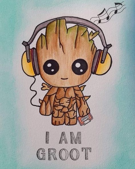 Baby Groot Drawing, Taustakuva Iphone Disney, Cute Music, Groot Marvel, Cute Disney Drawings, Marvel Drawings, Pahlawan Marvel, Disney Art Drawings, Avengers Wallpaper