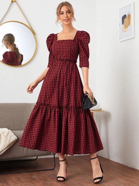 Black Friday 2020 | Square Neck Puff Sleeve Frill Trim Gingham Dress | SHEIN USA Classy Dress Outfits Plus Size Casual, Square Neck Puff Sleeve Dress, Casual Frocks, Frock For Women, Long Dress Design, Trendy Dress Outfits, Muslim Fashion Outfits, Puff Sleeve Dress, Stylish Dresses For Girls