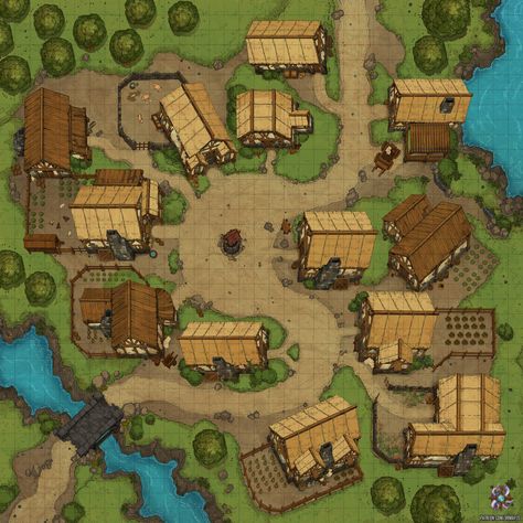 Roadside Village, Public 35x35 |  Dr. Mapzo auf Patreon Rpg City, Building Blueprints, Game Map, Fantasy City Map, Map Ideas, Village Map, Fantasy Village, Dnd Map, Map Layout