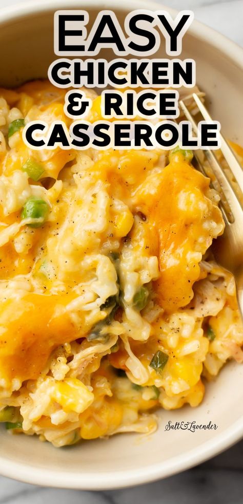 closeup of a portion of casserole with text overlay that reads easy chicken and rice casserole Easy Chicken And Rice Casserole, Easy Chicken Rice Casserole, Cheesy Chicken And Rice Casserole, Chicken And Rice Casserole Recipe, Using Rotisserie Chicken, Cheesy Chicken And Rice, Cheesy Chicken Casserole, Recipes Using Rotisserie Chicken, Easy Chicken Casserole Recipes