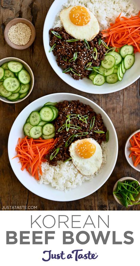 Korean Beef Bowls, Beef Bowl Recipe, Korean Beef Bowl, Bo Bun, Bulgogi Recipe, Healthy Ground Beef, Just A Taste, Beef Bowls, Bulgogi Beef