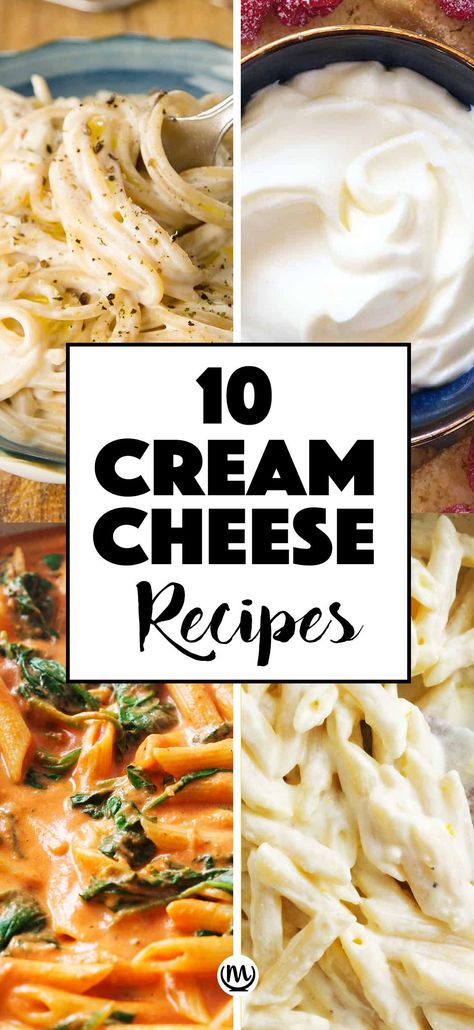 Top view of four cream cheese recipes. Sweet Cream Cheese Dip, Easy Cream Cheese Recipes, Recipes Using Cream Cheese, Cream Cheese Pasta, Cheese Pasta Recipes, Budget Family Meals, Easy Cheese Recipes, Creamy Pasta Recipes, Easy Cream