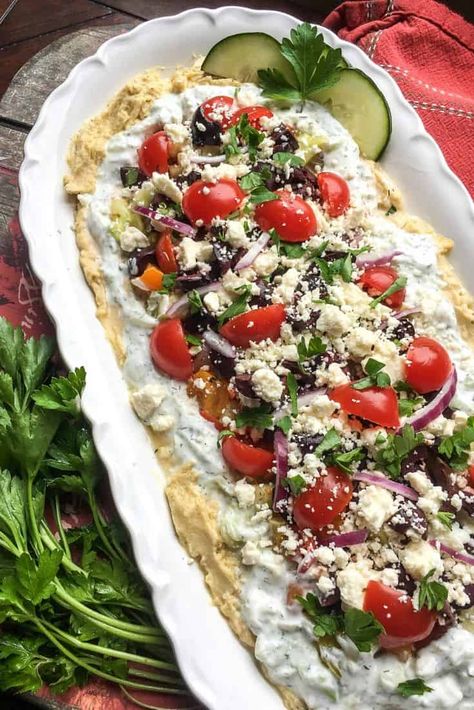 7 Layer Mediterranean Dip With Hummus, Hummus And Tzatziki Platter, Hummus Party Dip Platter, Greek Humus Layer Dip, 7 Layer Hummus Dip, Hummus Appetizer Platter, 7 Layer Mediterranean Dip, Greek 7 Layer Dip Skinnytaste, Hummus And Tzatziki Dip