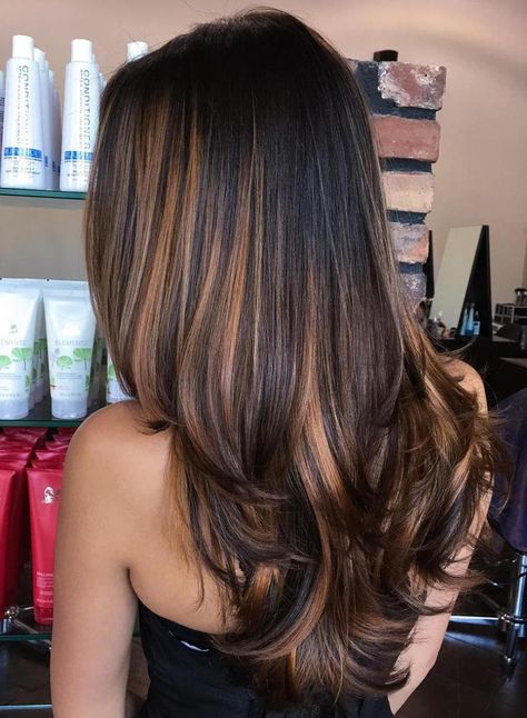 Black Hair With Caramel Brown Balayage Brown Hair With Caramel Highlights, Straight Black Hair, Black Hair With Highlights, Balayage Blonde, Caramel Hair, Brown Balayage, Hair Color Highlights, Trendy Hair Color, Caramel Brown