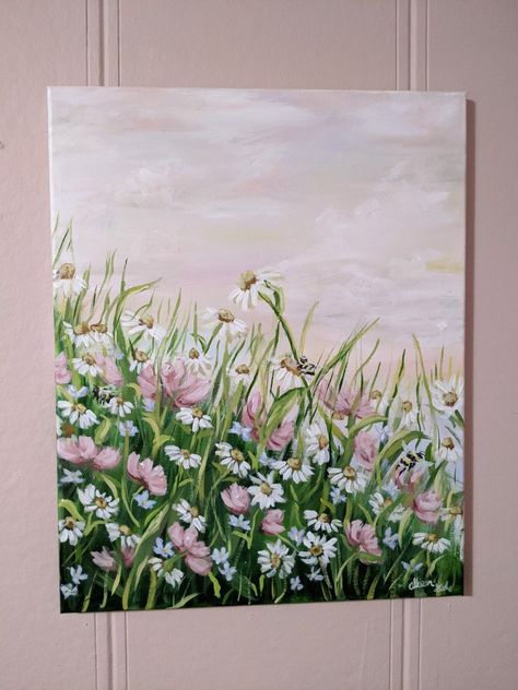 Wild Painting Ideas, Self Love Acrylic Painting, Flower Field Canvas Painting, Acrylic Cottage Painting, Bee And Flower Painting Acrylic, Acrylic Painting Field Of Flowers, Bees And Flowers Painting, Wild Flowers Acrylic Painting, Painting For Bedroom Canvases