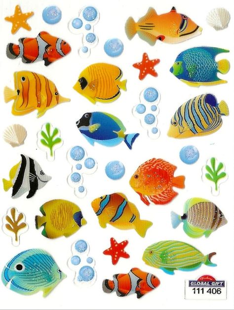 scan of a set of colorful ocean fish stickers Ocean Prints Aesthetic, Fimo, Colorful Scrapbook Stickers, Cute Collage Pictures, Y2k Scrapbook Stickers, Fish Stickers Printable, Fish Png Aesthetic, Ocean Stickers Printable, Scrapbook Stickers Png