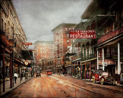 New Orleans, Louisiana - Painting of Royal Avenue and Fabaccher's Restaurant c a 1920s 1920s New Orleans Aesthetic, 1930s New Orleans, Old New Orleans Aesthetic, New Orleans 1920s, 1920s New Orleans, Hades Town, New Orleans Cemeteries, 1920s Aesthetic, New Orleans Architecture