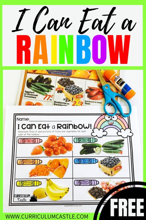 FREE "I Can Eat a Rainbow" nutrition and healthy eating activity for kids! Teach the importance of eating colorful fruits and vegetables every day with this freebie. Healthy Eating Theme Preschool Art, Healthy Food Junk Food Preschool, Essen, Nutrition Books For Preschoolers, Healthy Eating Habits Activities For Preschoolers, Eating A Rainbow Preschool, Food Group Sorting Activity, Healthy Eating For Preschoolers, Healthy Eating School Project