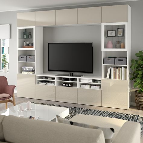 IKEA BESTA White, Selsviken High Gloss/beige Clear Glass TV storage combination/glass doors Tv Storage, Ruang Tv, Besta Ikea, Tv Storage Unit, Ikea Tv, Sala Tv, Tv Bench, Living Room Tv Unit, Muebles Living