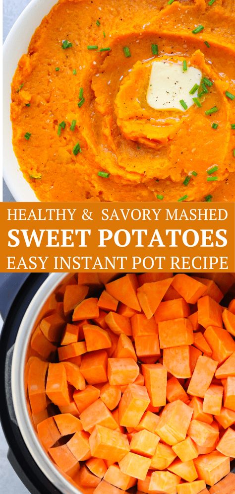 These Instant Pot Mashed Sweet Potatoes make a perfect sweet and savory healthy side dish for dinner any day of the week! They are both vegan and gluten-free and require only a few ingredients and 10 minutes to make! Sweet Potato Mashed Potatoes Instant Pot, Instant Pot Sweet Potatoes Mashed, Mashed Sweet Potatoes Instant Pot, Instant Pot Mashed Sweet Potatoes, Easy Gluten Free Instant Pot Recipes, Instapot Sweet Potatoes, Sweet Potato Recipes Instant Pot, Mashed Sweet Potatoes Savory, Sweet Potato Instant Pot