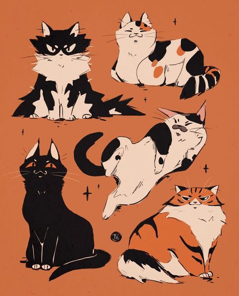 Tessa Nelissen | 'Mama's 7 katten' - which translates in English to 'Mom's 7 cats'. -- Edit: The names of the cats: - Top row, left to right: Glauco… | Instagram Cat Types Drawing, Hang In There Cat Drawing, Cat Art Inspiration, How To Draw Cat Digital Art, Cartoon Cat Side View, Fancy Cat Drawing, Group Of Cats Drawing, Cat In Clothes Illustration, Cute Kitten Illustration