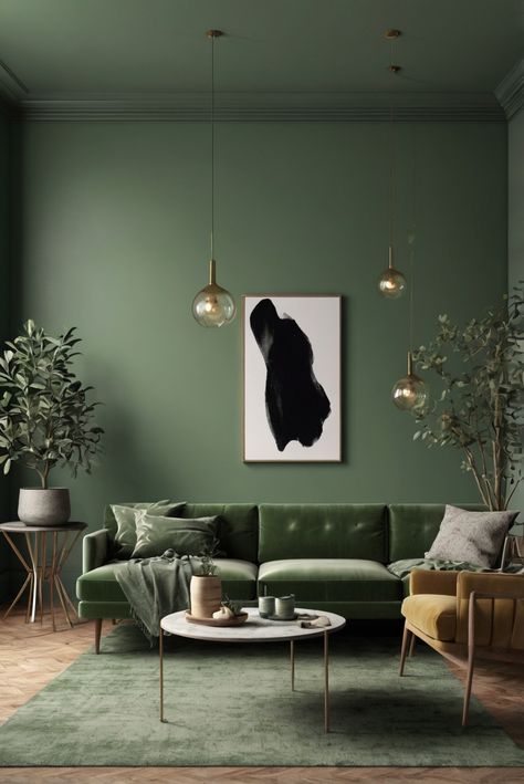 Discover how to transform your living room walls with the soothing sophistication of sage green. Elevate your space with expert interior designer tips and stunning decor ideas! #ad   DESCOVER MORE ABOUT How to Elevate Your Living Room Walls with Sage Green? #Bathroom  #wallpaint2024  #color2024  #DIYpainting   #DIYhomedecor  #Fixhome Green Colour Drench Living Room, Floor To Ceiling Green Room, Green Room And Ceiling, Accent Wall Green Living Room, Sage Green Panelling Living Room, Green Interior Walls, Wall Colours Ideas, Green Walls And Ceiling, Green And White Walls