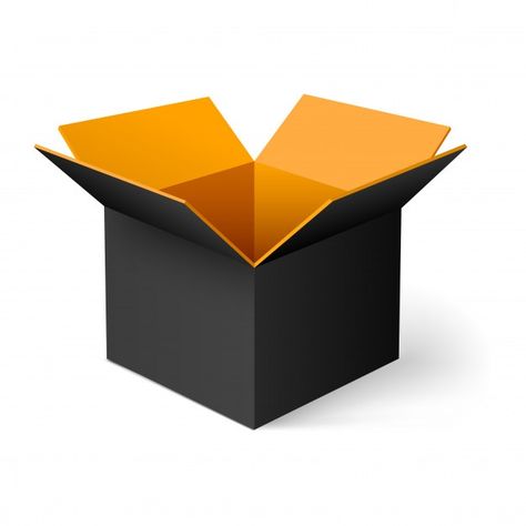 Opened box black and orange Premium Vect... | Premium Vector #Freepik #vector #box #packaging #orange #delivery Box Opening Packaging, Barichara, 3d Box Design, Open Box Illustration, Black Box Packaging Design, Delivery Box Design, Open Box Design, Black Box Packaging, Package Box Design