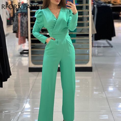 Fall Family Photo Outfits, Jumpsuit Fitted, Pocket Jumpsuit, Transition Outfits, Party Dress Long Sleeve, Green Jumpsuit, Bubble Sleeve, Puff Sleeve Dresses, Long Jumpsuits