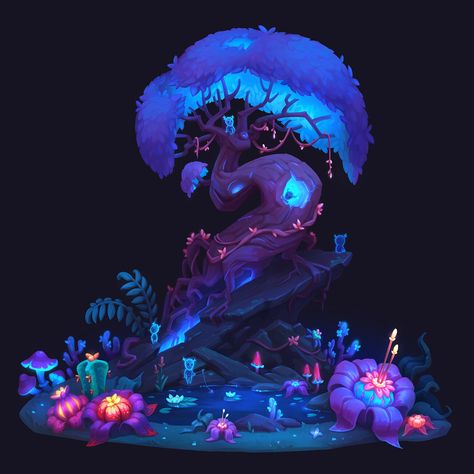 Take a closer look to see some cute creatures living in this magic tree ✨ Concept art for Loóna: Bedtime Calm & Relax by Olga Permiakova Willow Tree Concept Art, Magic Tree Illustration, Tree Concept Art, Magical Forest Art, Fantasy Tree, Magical Tree, Magic Tree, Game Concept Art, Environment Concept