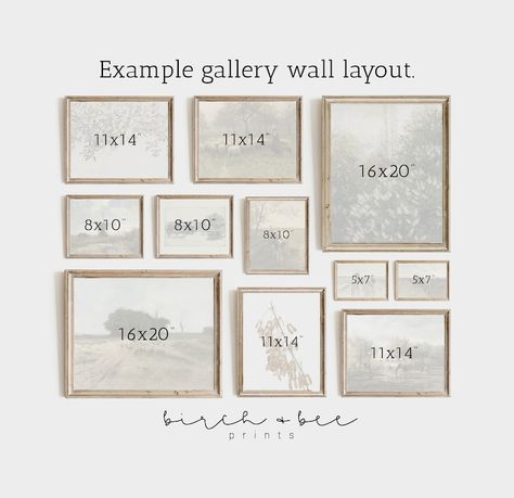 Gallery Wall Multiple Sizes, Large Artwork Hallway, Farmhouse Frames Wall, Hall Gallery Wall Ideas, Modern Farmhouse Photo Wall, Gallery Wall Size Guide, Family Photo Wall Ideas Hallways, Picture Collage Wall Layout, Wedding Gallery Wall Ideas