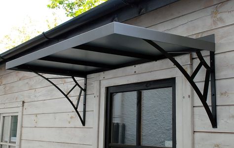 Shed Awning Ideas, Door Canopy Modern, Metal Door Canopy, Over Door Canopy, Front Door Overhang, Awning Over Door, Awning Ideas, Art Deco Houses, Door Overhang