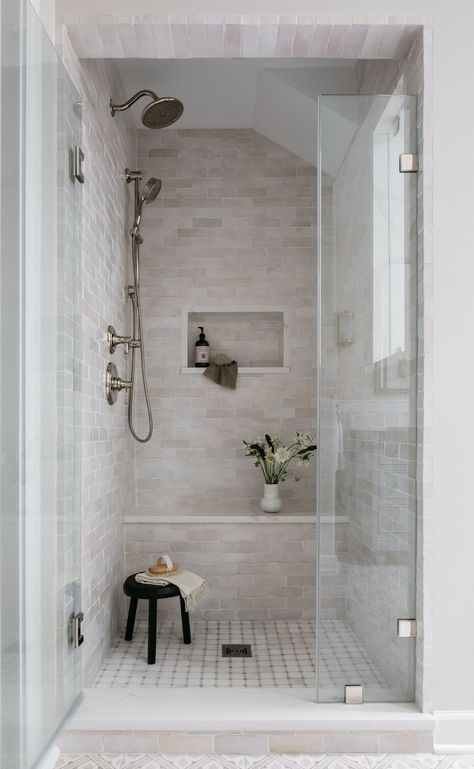 Bathroom Shower Tile Ideas Cream, Powder Blue Master Bath, Riverstone Tile Bathroom, Master Bedrooms Floor Plan, Timeless Tile Shower Ideas, Cultured Marble Shower Walls Master Bath, Affordable Shower Tile Ideas, Light Shower Tile, Small Master Shower Ideas