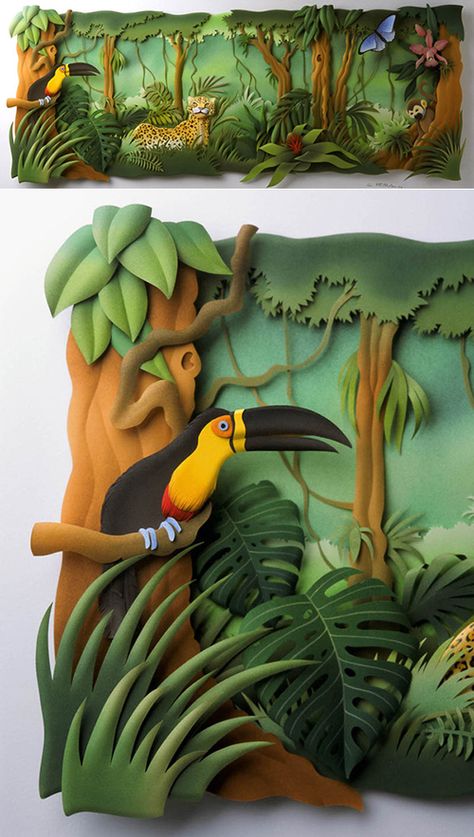 The works of Carlos Meira has impressed the world. He has a beautiful and detailed style of creating paper sculptures. This one makes me think of Disney’s Jungle Book. It really takes a meticulous hand and mind in order to come up with a jungle as realistic as this Jungle Thema, Colour Paper, Paper Cutout Art, 3d Paper Art, Paper Sculptures, Antony Gormley, Seni 3d, Seni Origami, Paper Illustration