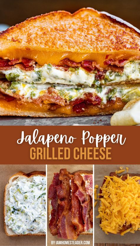 A roasted jalapeno popper grilled cheese sandwich on a plate, cut open showing the filling.  Three additional images of the sandwich are shown indicating the assembly one with jalapeno cream cheese, one with bacon, and finally with cheese. Yummy Recipes For Dinner Healthy, Fun Meals For Family, Boudin Recipe Meals Dinners, Recipes With A Loaf Of Bread, What To Make With No Food In The House, Homemade Southern Recipes, Picky Adult Meals, Snacks To Share At Work, Lunch Ideas For Blue Collar Men