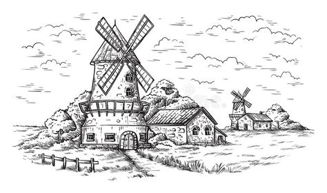 Croquis, Windmill Illustration, Windmill Drawing, Hand Vector Illustration, Field Sketch, Europe Landscape, Peaceful Art, Tuscan Landscape, Landscape Pencil Drawings