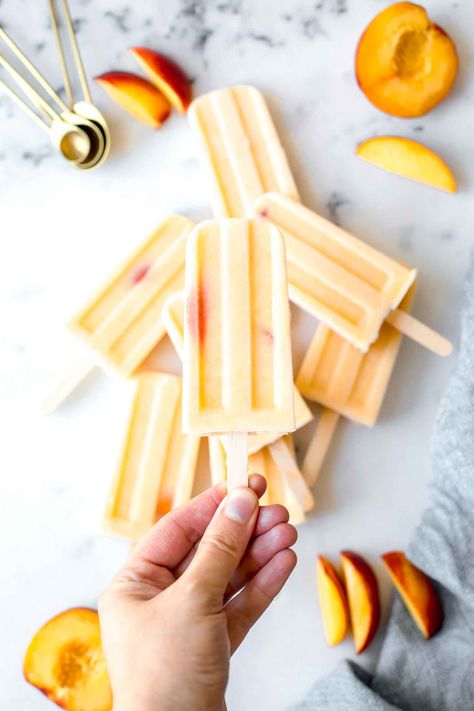 Almond Milk Popsicles, Peach Muffin Recipes, Creamy Popsicles, Milk Popsicles, Easy Popsicle Recipes, Peach Popsicles, Peach Muffins, Healthy Popsicles, Yogurt Popsicles