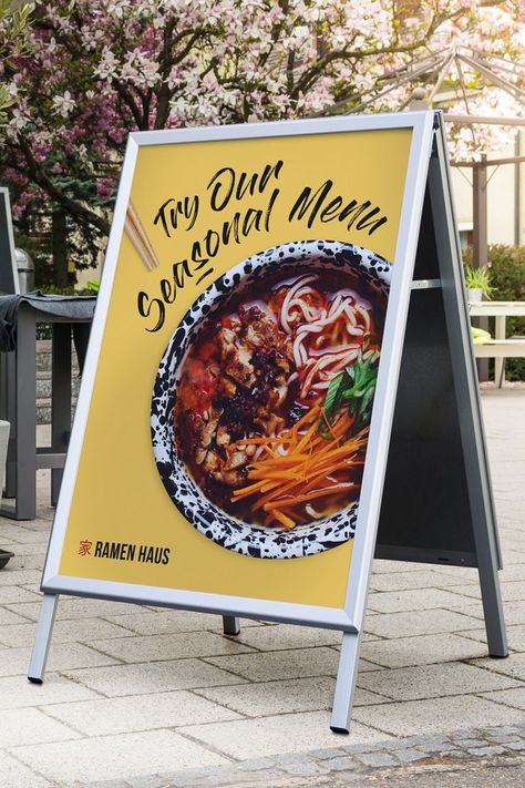 Sandwich boards for outdoor restaurant signs - silver snap frame A board with seasonal restaurant poster Wall Graphics Restaurant, Restaurant Signage Design, Restaurant Posters, Business Sign Design, Sandwich Board Signs, Sandwich Boards, Restaurant Signage, Restaurant Advertising, Signage Board