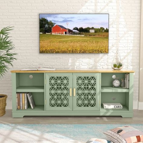 Modern Retro Tv Stand, Tv Stand Set Up, Tv Cabinet Aesthetic, Boho Tv Set Up, Flip Tv Stand, Turquoise Tv Stand, Tv Wall Apartment Living Room, Tv Stand Colorful, Cozy Living Room Earth Tones