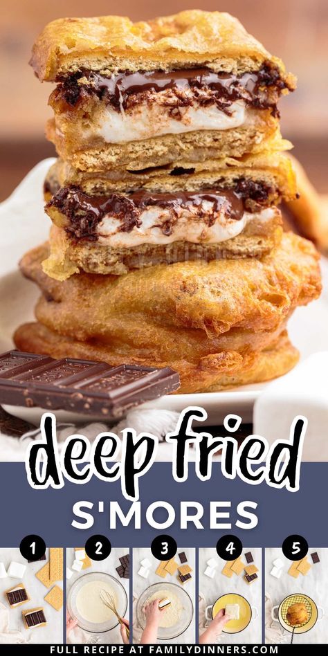 Make the most deliciously melty, gooey deep fried s'mores. These warm chocolate s'mores have marshmallows, graham crackers, chocolate and a deep fried batter. A battered s'more is what you want to do when it's time to take s'mores to the next level. Eat them while they're hot! Fried Smores, Food Truck Desserts, Deep Fried Desserts, Deep Fryer Recipes, Chocolate And Marshmallow, Deep Fried Recipes, Fried Dessert, Philly Food, Smore Recipes