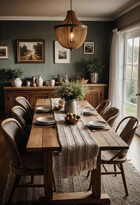 20 Chic Dining Room Ideas To Copy 7 Main Dining Room Ideas, Rustic Style Dining Room, Green Black Wood Dining Room, Homely Dining Room, Dining Zone Living Rooms, Cosy Dining Room Ideas Small Spaces, Kitchen Home Decor Ideas, Small Dining Room Wainscoting Ideas, Neutral Green Dining Room