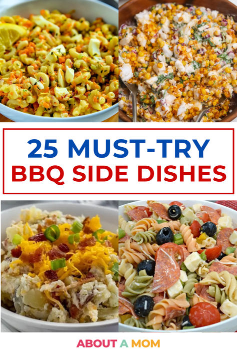 A pin with 4 photos of different kinds of pasta salads and corn Food Ideas For Bbq Party, 4th Of July Food Sides Bbq, Camping Dinner Side Dishes, Sides For Camping Easy, Side Dish For Bbq Party, Sides For Bbq Ribs Dishes, Cheap Sides For Bbq, Bbq Foods Sides, Side For A Cookout