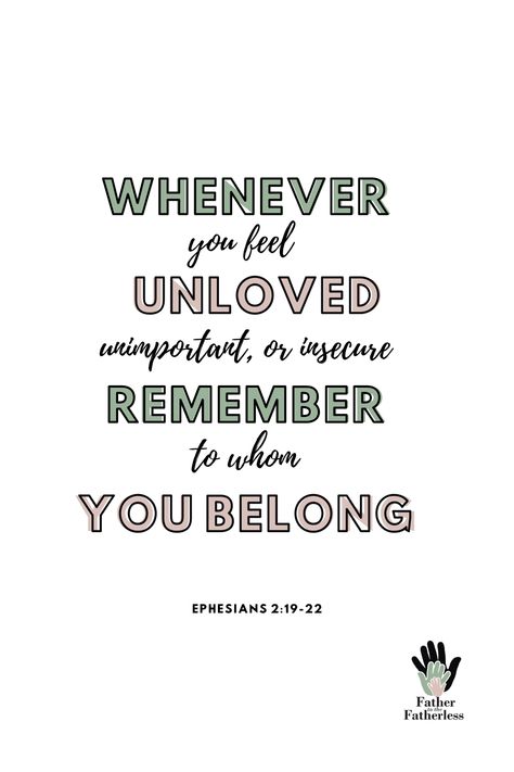 Some days I feel insecure... Some days I feel unloved... Sometimes days I feel unimportant...  Then, I remember that Jesus died just for me and that I’m a child of the most high God!  It’s knowing these truths, that change my negative thoughts and feelings into one of love and awe!  Which bible verses help you when you’re having negative thoughts and feelings?   “Whenever you feel unloved, unimportant, or insecure, remember to whom you belong.”⁠ ⁠ Ephesians 2:19-22⁠ I'm Unimportant Quotes, Verse For Love Ones, Bible Verse When You Dont Feel Good Enough, Scriptures For Insecurities, Bible Verse For New Believers, When You Feel Unimportant Quotes, Bible Verse For Negative Thoughts, Insecure Bible Verse, Verses For When You Feel Insecure