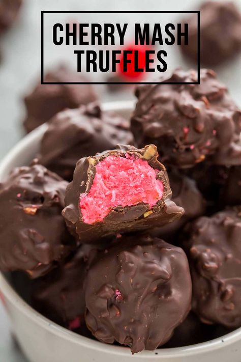 These Cherry Mash Truffles are a delicious copycat recipe of Cherry Mash candy featuring a soft cherry center, covered in chocolate peanut coating. #cherrymash #candy Profiteroles, Cherry Mash Candy, Cherry Mash Candy Recipe, Cherry Mash, Chocolate Covered Cherries Recipe, Strawberry Blondie, Scream Christmas, Easy Candy Recipes, Dessert Truffles