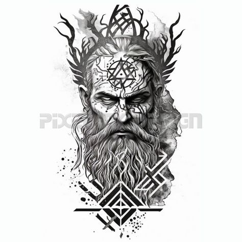 Odin Tattoo Design, Nordic Tattoo Design, Odin Design, Odin Tattoo, Viking Tattoo Sleeve, Printable Tattoos, Viking Tattoo, Background Printable, Tatoo Designs