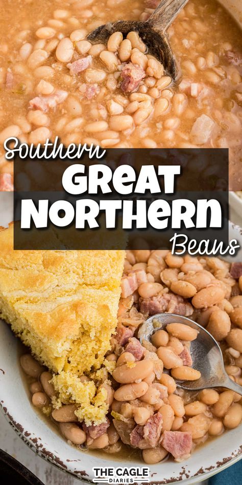 Crock Pot Northern Beans, Dry Bean Recipes Crock Pots, Great Northern White Beans Recipe, Northern White Beans Recipes Crock Pot, Dry Northern Bean Recipes, Great Northern Beans And Rice, Crock Pot Great Northern Beans, White Beans And Cornbread, White Beans Recipe Crockpot